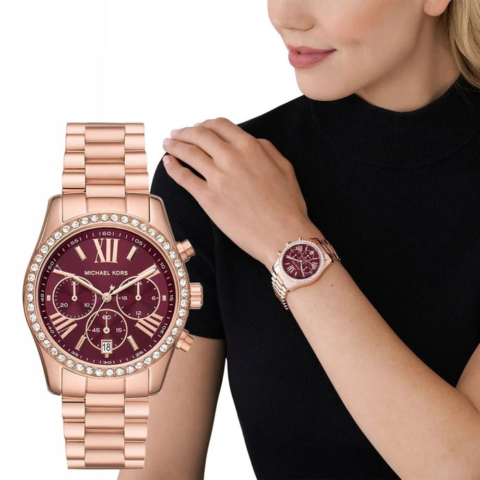 Buy Michael Kors Lexington 38 mm Red Dial Stainless Steel Chronograph Watch for Women - MK7275 Authentic