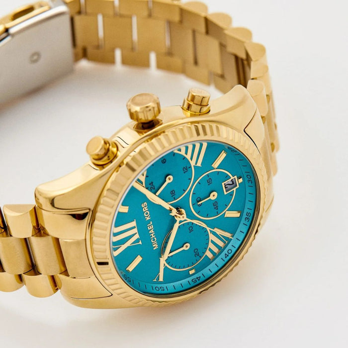 Michael Kors Lexington Chronograph Blue Dial Gold Steel Strap Watch For Women  MK7216Authentic