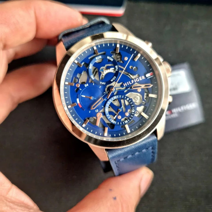 Tommy Hilfiger Miles Skeleton Dial Watch – Rose Gold & Navy Leather - 1710475 - Authentic