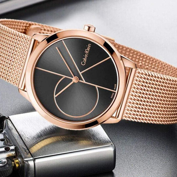 Calvin Klein Iconic Mesh Rose Gold Black Dial Watch - K2M21621 - Authentic