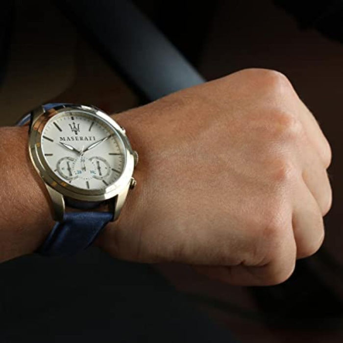 Maserati Men's Gold-Tone Chronograph Watch with Navy Blue Leather Strap - R8871612016 - Authentic