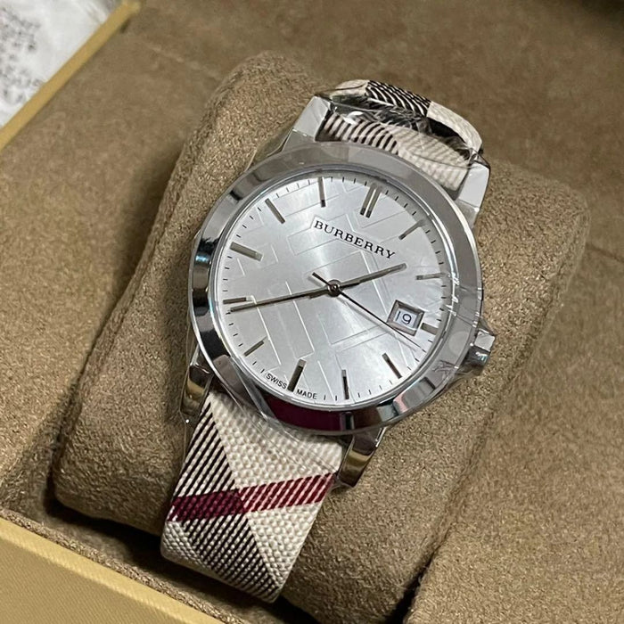 Burberry Silver Dial Watch – Iconic Check Strap BU9113 - Authentic