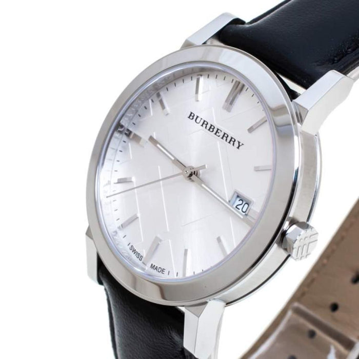 Burberry Classic Silver Watch – Black Leather Strap - Authentic