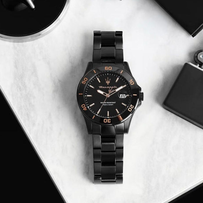 Maserati Sfida Black Dial Rose Gold Accents Watch - R8853100035 - Authentic