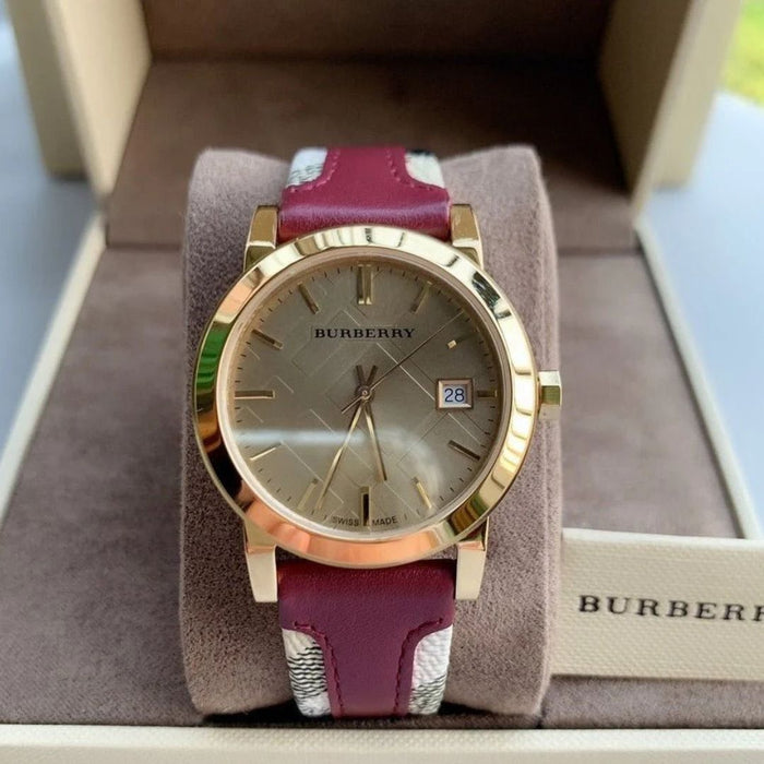 Burberry Gold-Tone Watch with Maroon Leather Check Strap BU9111 - Authentic