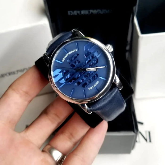 Emporio Armani Mecchanico Men's Automatic Leather Strap Blue Dial 43mm Watch AR60030 - Authentic