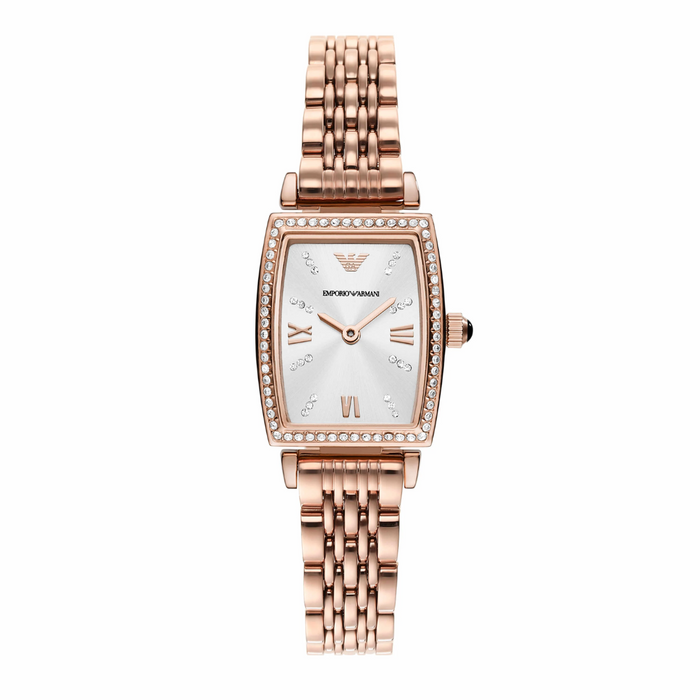 Emporio Armani Gianni T Bar Quartz Crystals White Dial Rose Gold Steel Strap Watch For Women AR11406 - Authentic