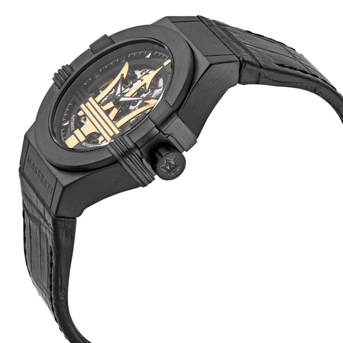 Maserati Men's Black Skeleton Automatic Watch with Gold Trident - R8821108027 - Authentic
