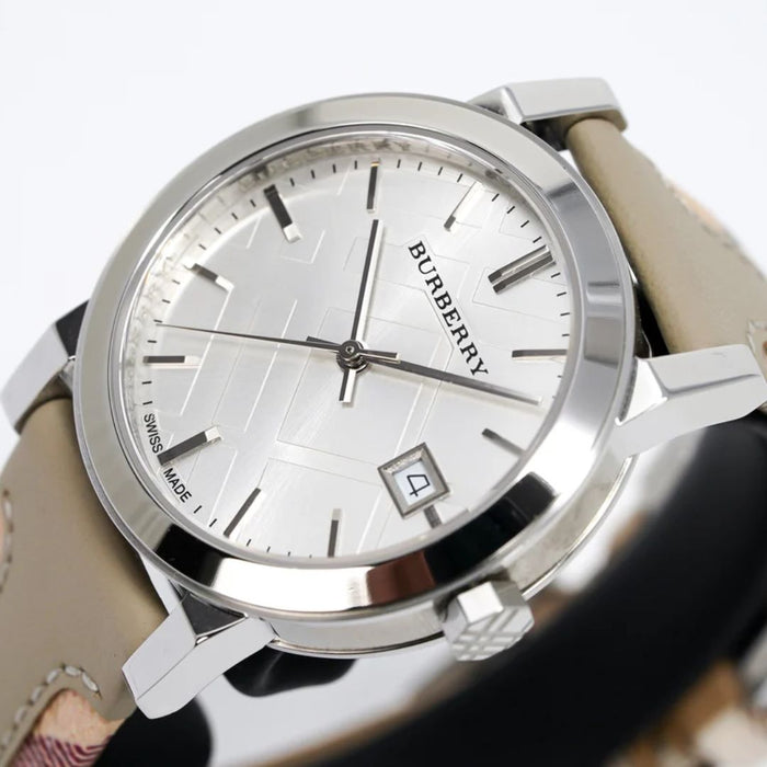 Burberry Silver White Dial Watch with Heritage Check Leather Strap BU9132 - Authentic