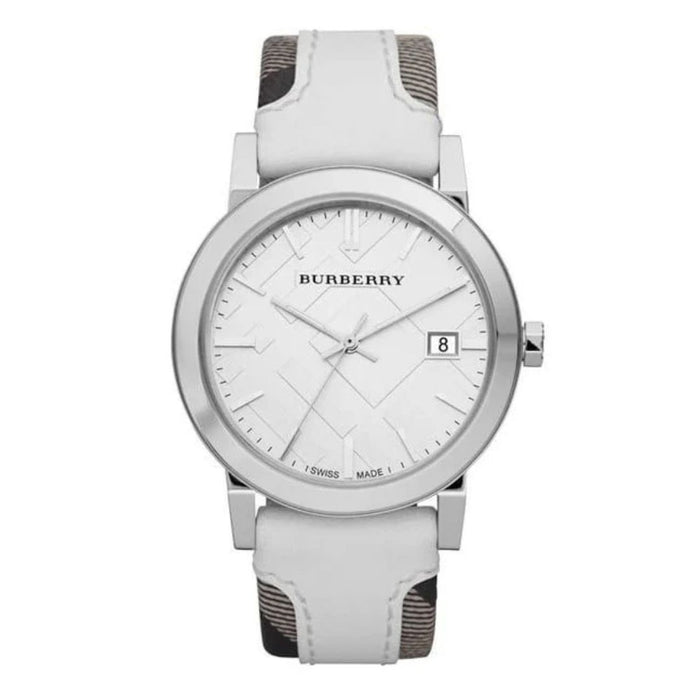 Burberry Silver Watch – White Leather & Iconic Check Strap BU9019 - Authentic