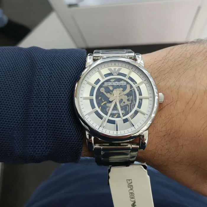 Emporio Armani Automatic Silver Skeleton Dial Men's Watch AR60006 - Authentic