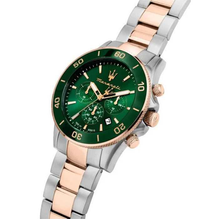 Maserati Traguardo Chronograph Green & Rose Gold Watch – R8873600004 - Authentic