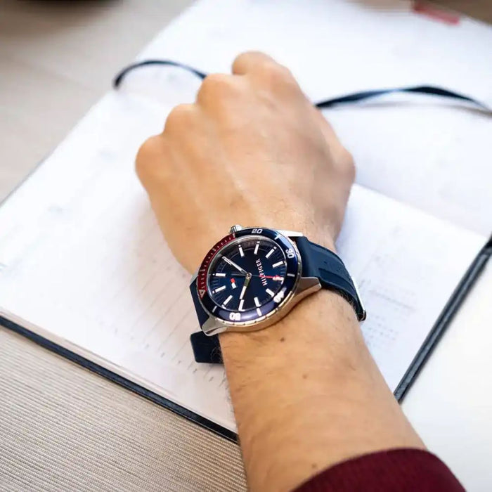 Tommy Hilfiger Sport Dive Watch – Navy Dial with Red Bezel Accent - 1792009 - Authentic