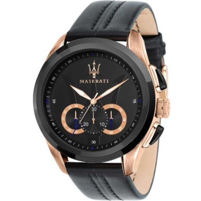 Maserati Men's Rose Gold Chronograph Watch with Black Leather Strap - R8871612025 - Authentic