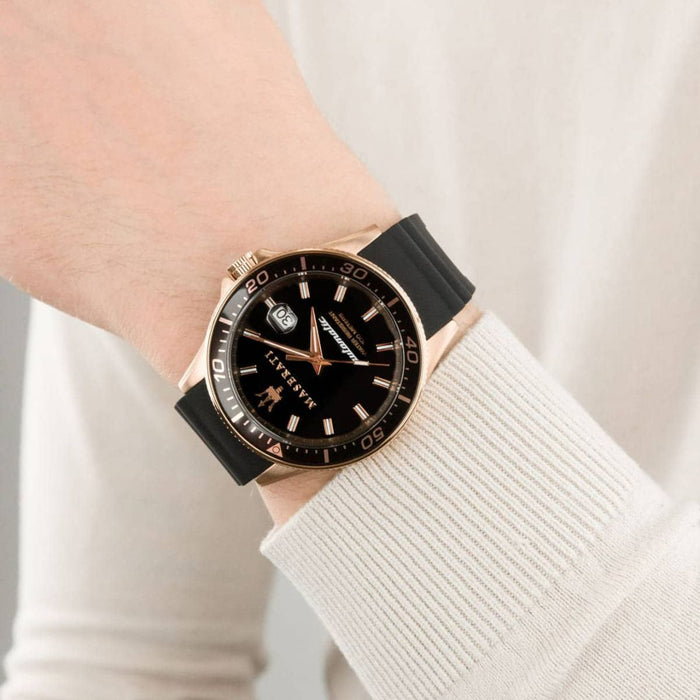 Maserati Men's Rose Gold Automatic Watch with Black Rubber Strap - R8821140001 - Authentic