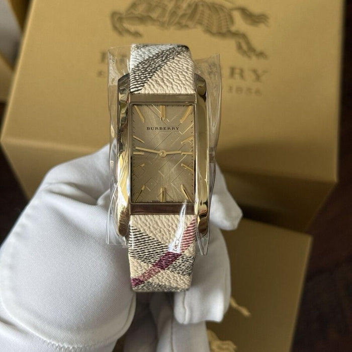 Burberry Pioneer Champagne Dial Haymarket Beige Leather Strap BU9407 - Authentic