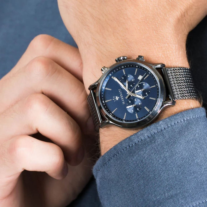 Maserati Men's Black Mesh Chronograph Watch with Blue Dial - R8873618008 - Authentic