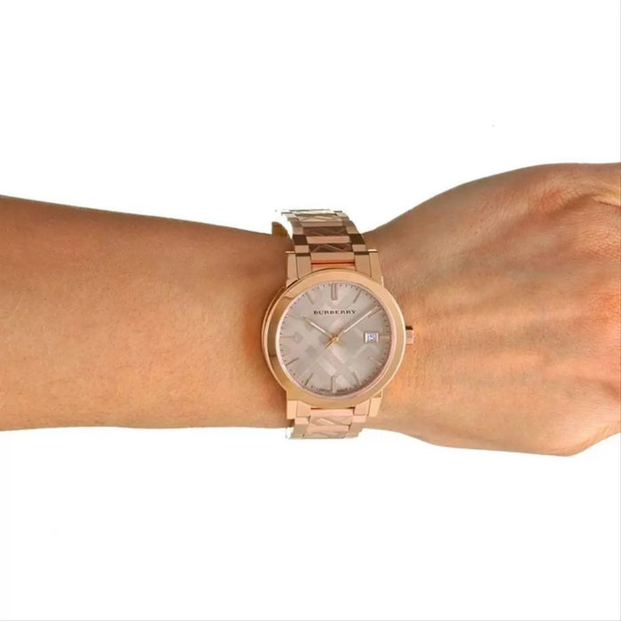Burberry Rose Gold Watch with Engraved Check Bracelet - BU9039 - Authentic
