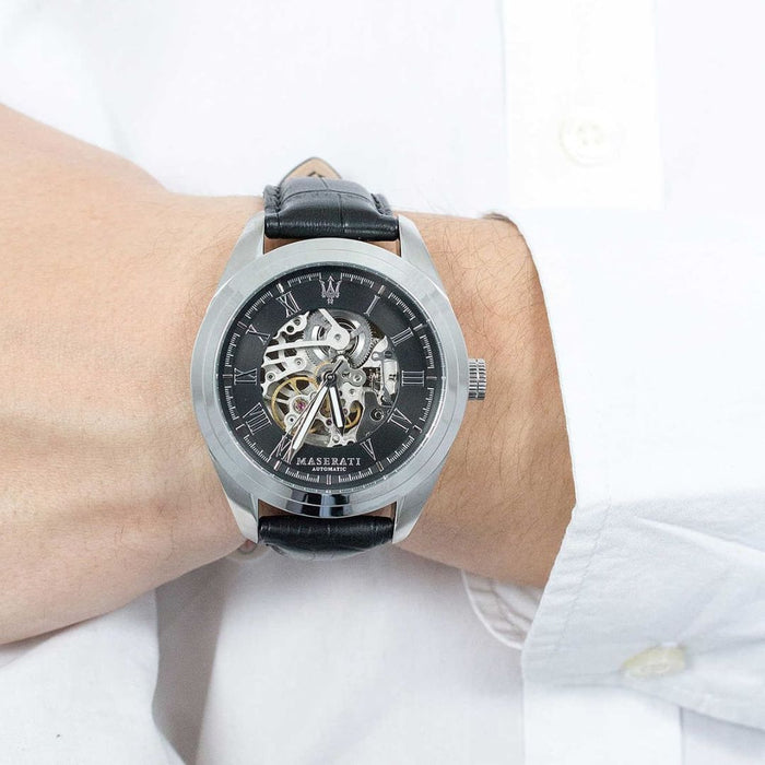 Maserati Men's Classic Skeleton Automatic Watch with Black Leather Strap - R8871612001 - Authentic