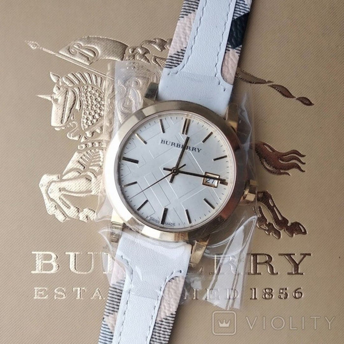 Burberry Gold-Tone Watch with White Dial and Leather Strap BU9110 - Authentic