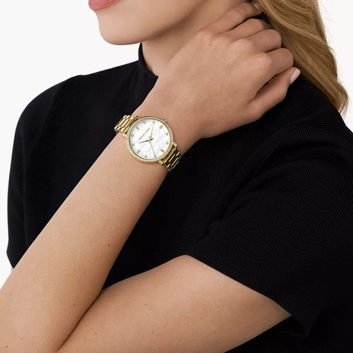 Michael Kors Pyper Three Hand White Dial Gold Steel Strap Watch For Women Authentic