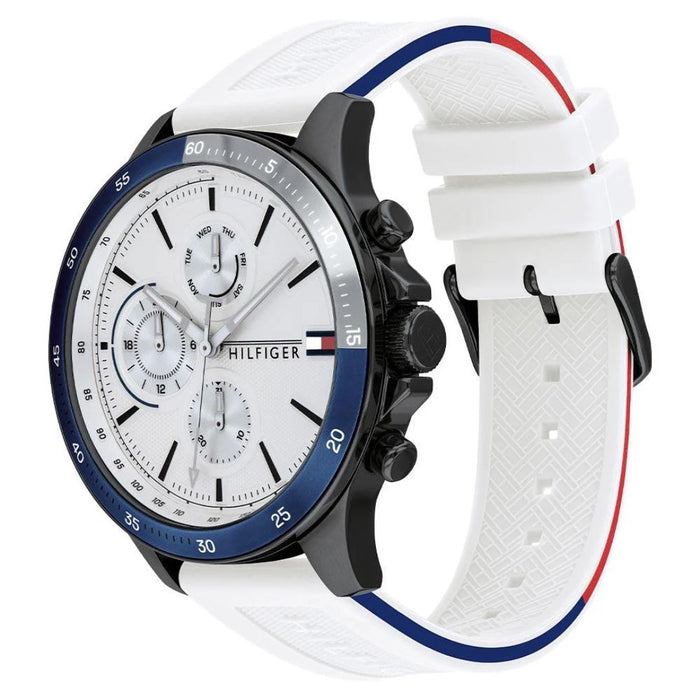 Tommy Hilfiger Mason Chronograph Watch – White Dial with Blue Tachymeter Bezel - 1791723 - Authentic
