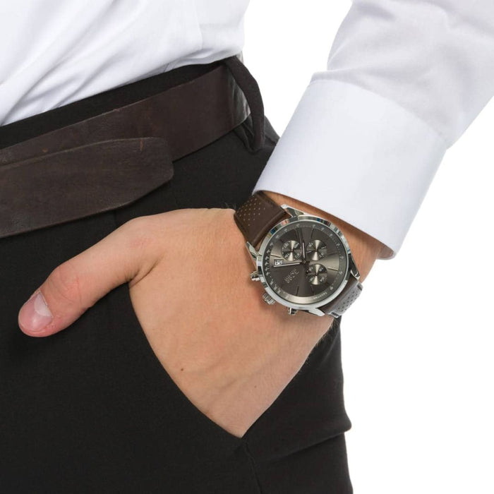 Hugo Boss Chronograph Watch – Silver Dial with Brown Leather Strap - 1513476 - Authentic