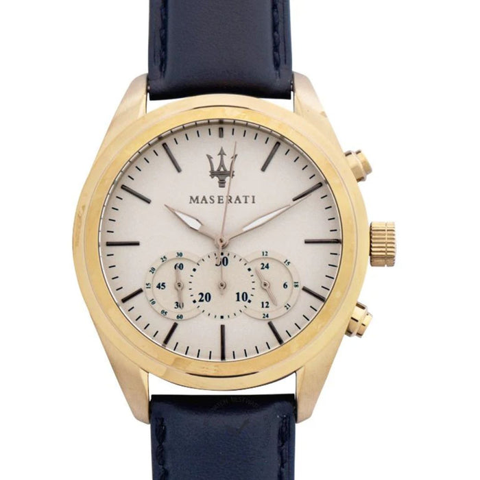 Maserati Men's Gold-Tone Chronograph Watch with Navy Blue Leather Strap - R8871612016 - Authentic