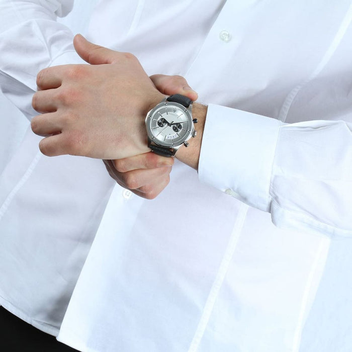 Maserati Men's Silver Chronograph Watch with Black Leather Strap - R8871627005 - Authentic