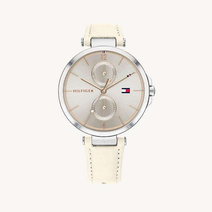 Tommy Hilfiger Women's Quartz Cream Leather Strap Silver Dial 37mm Watch 1782123 - Authentic