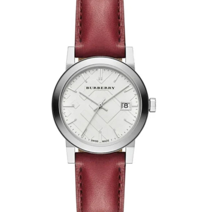 Burberry Silver Dial Watch – Burgundy Leather Strap BU9129 - Authentic