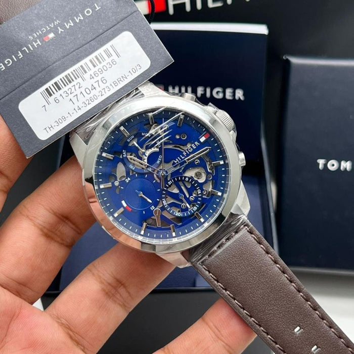 Tommy Hilfiger Skeleton Dial Watch – Silver Case with Brown Leather Strap - 1710476 - Authentic