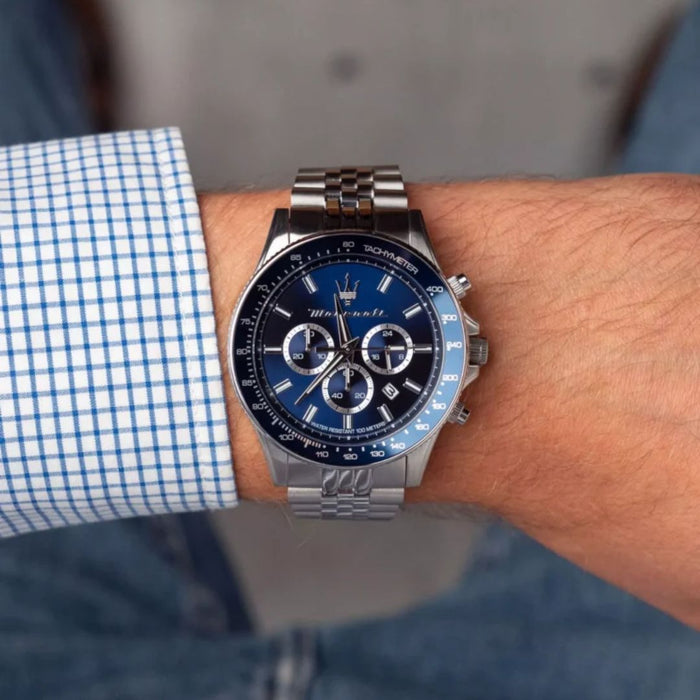 Maserati Sfida Chronograph,  Blue Dial & Steel Bracelet - R8873640025 - Authentic
