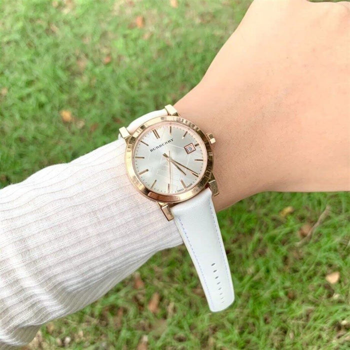 Burberry Rose Gold Watch with White Leather Strap - Authentic Bu9108