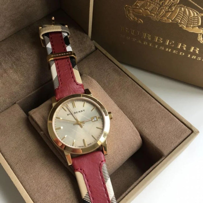 Burberry Gold-Tone Watch with Maroon Leather Check Strap BU9111 - Authentic
