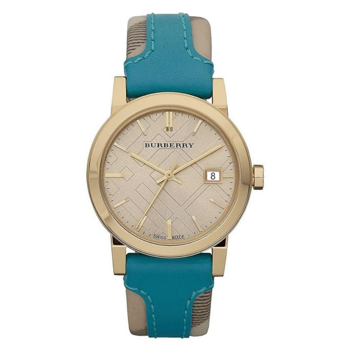 Burberry Gold Case Watch with Teal Leather Strap - Authentic