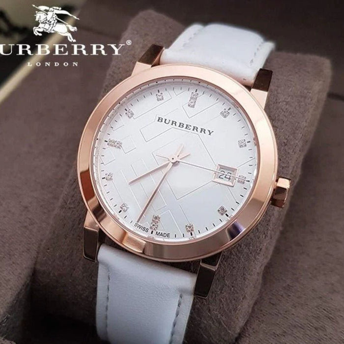 Burberry Rose Gold Ladies Watch with White Leather Strap BU9130 - Authentic