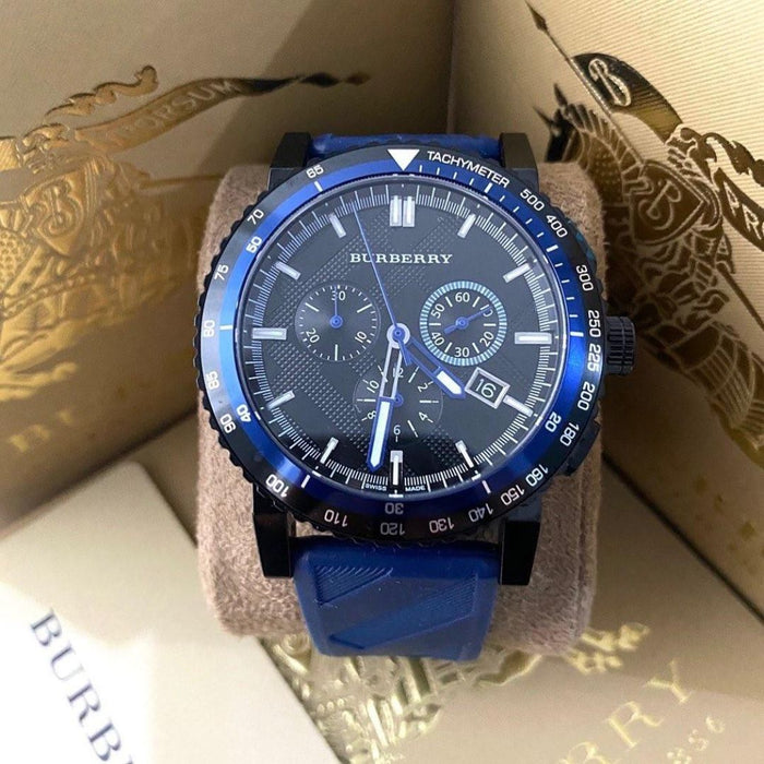 Burberry Chronograph Watch with Blue Rubber Strap - Authentic