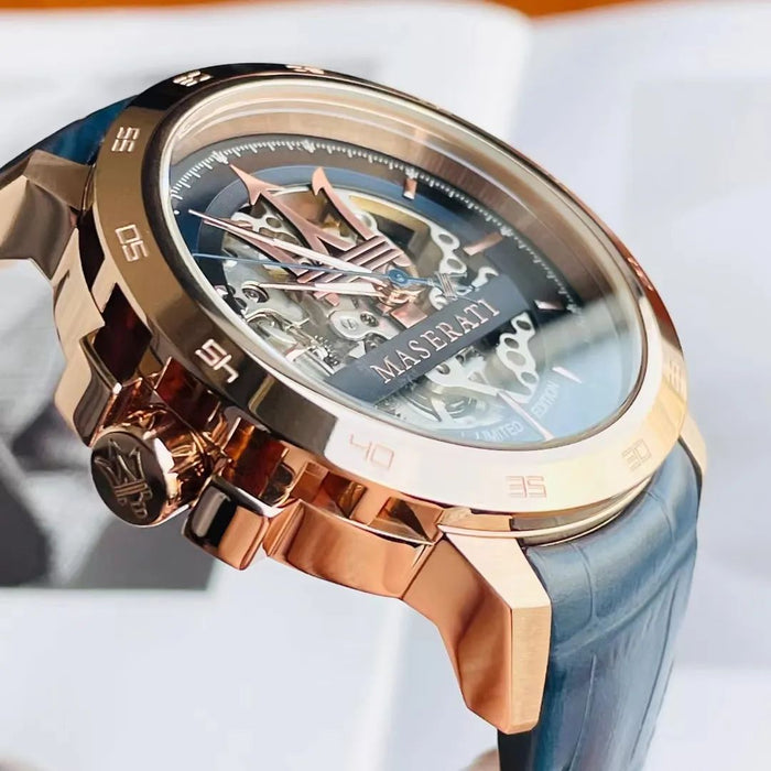 Maserati Men's Rose Gold Skeleton Watch with Blue Leather Strap – Limited Edition - R8821119005 - Authentic