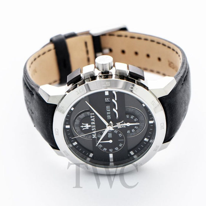 Maserati Men's Chronograph Watch with Black Dial and Leather Strap - R8871619004 - Authentic
