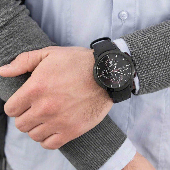 Maserati Stile Chronograph Black Dial Leather Watch – R8873640001 - Authentic