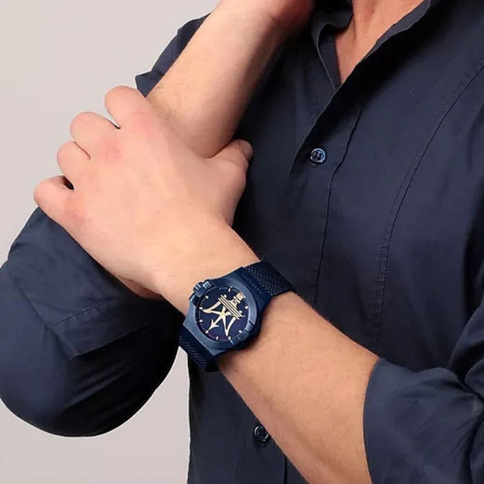 Maserati Men's Blue Mesh Watch with Gold Trident Dial - R8853108008 - Authentic