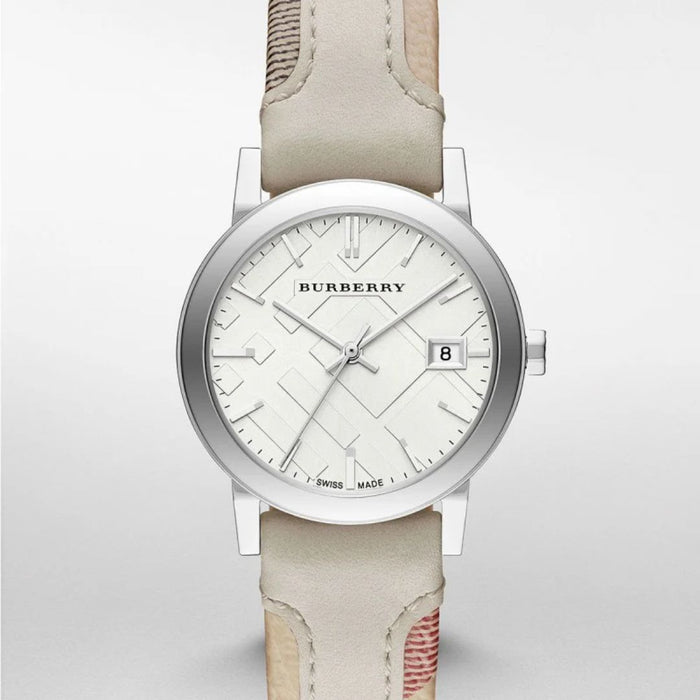 Burberry Silver White Dial Watch with Heritage Check Leather Strap BU9132 - Authentic