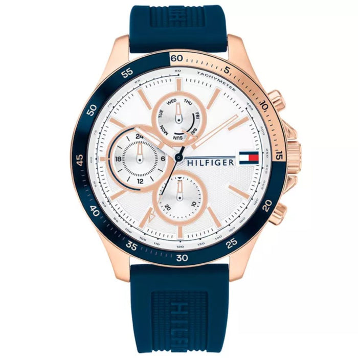 Tommy Hilfiger Mason Chronograph Watch – Rose Gold Case & Blue Rubber Strap - 1791778 - Authentic