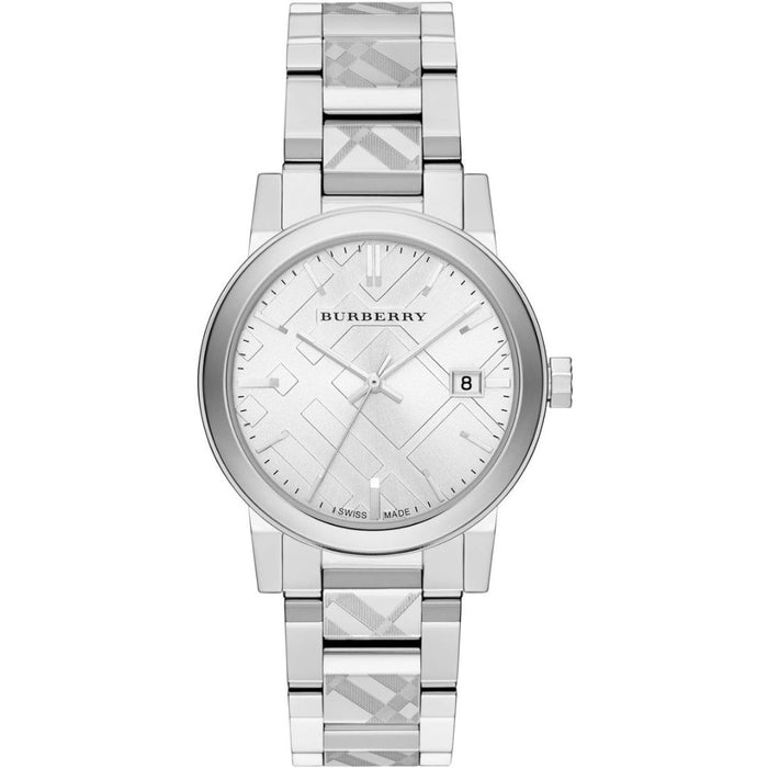 Burberry Silver Stainless Steel Watch with Engraved Check Pattern - BU9037 - Authentic
