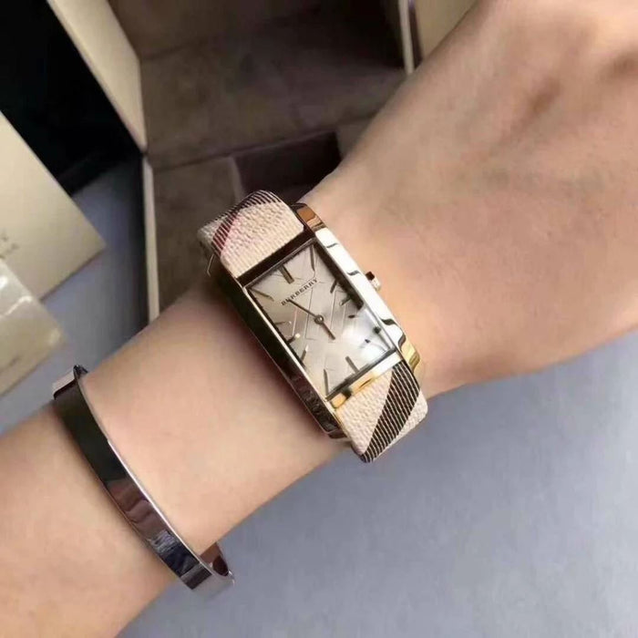 Burberry Pioneer Champagne Dial Haymarket Beige Leather Strap BU9407 - Authentic