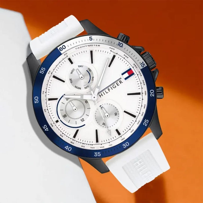 Tommy Hilfiger Mason Chronograph Watch – White Dial with Blue Tachymeter Bezel - 1791723 - Authentic