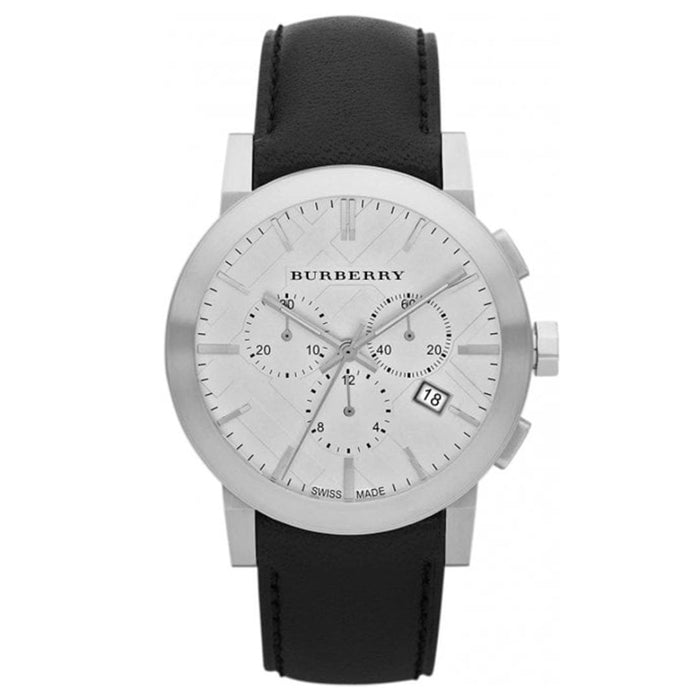 Burberry Silver Chronograph Watch with Black Leather Strap - Authentic