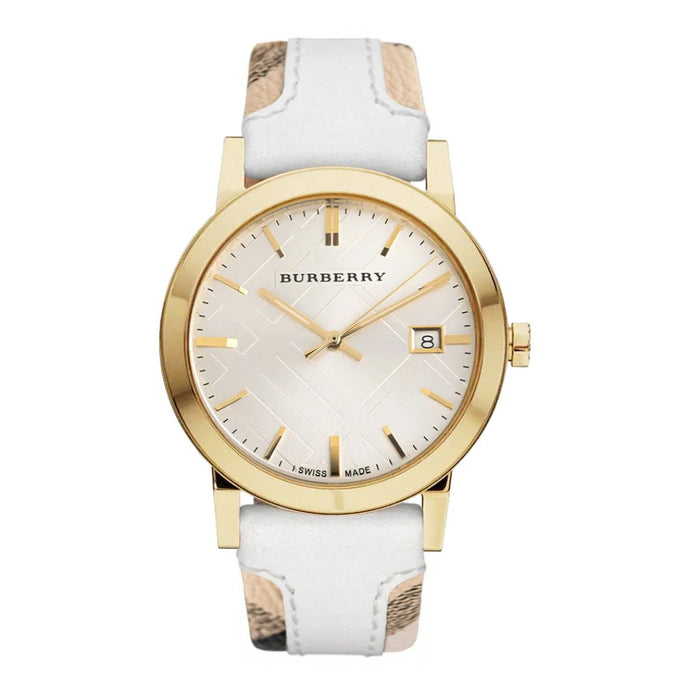 Burberry Women's Gold Case Watch with White Check Strap - Bu9015