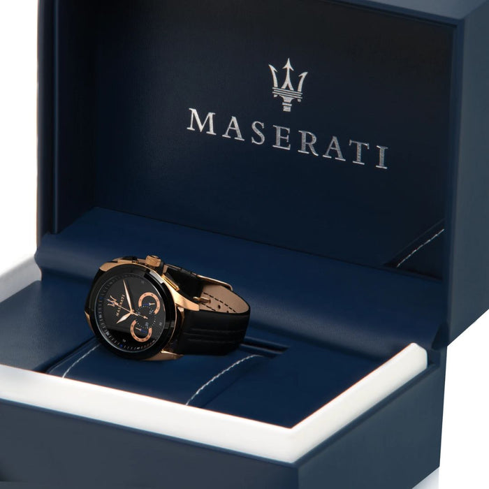 Maserati Men's Rose Gold Chronograph Watch with Black Leather Strap - R8871612025 - Authentic